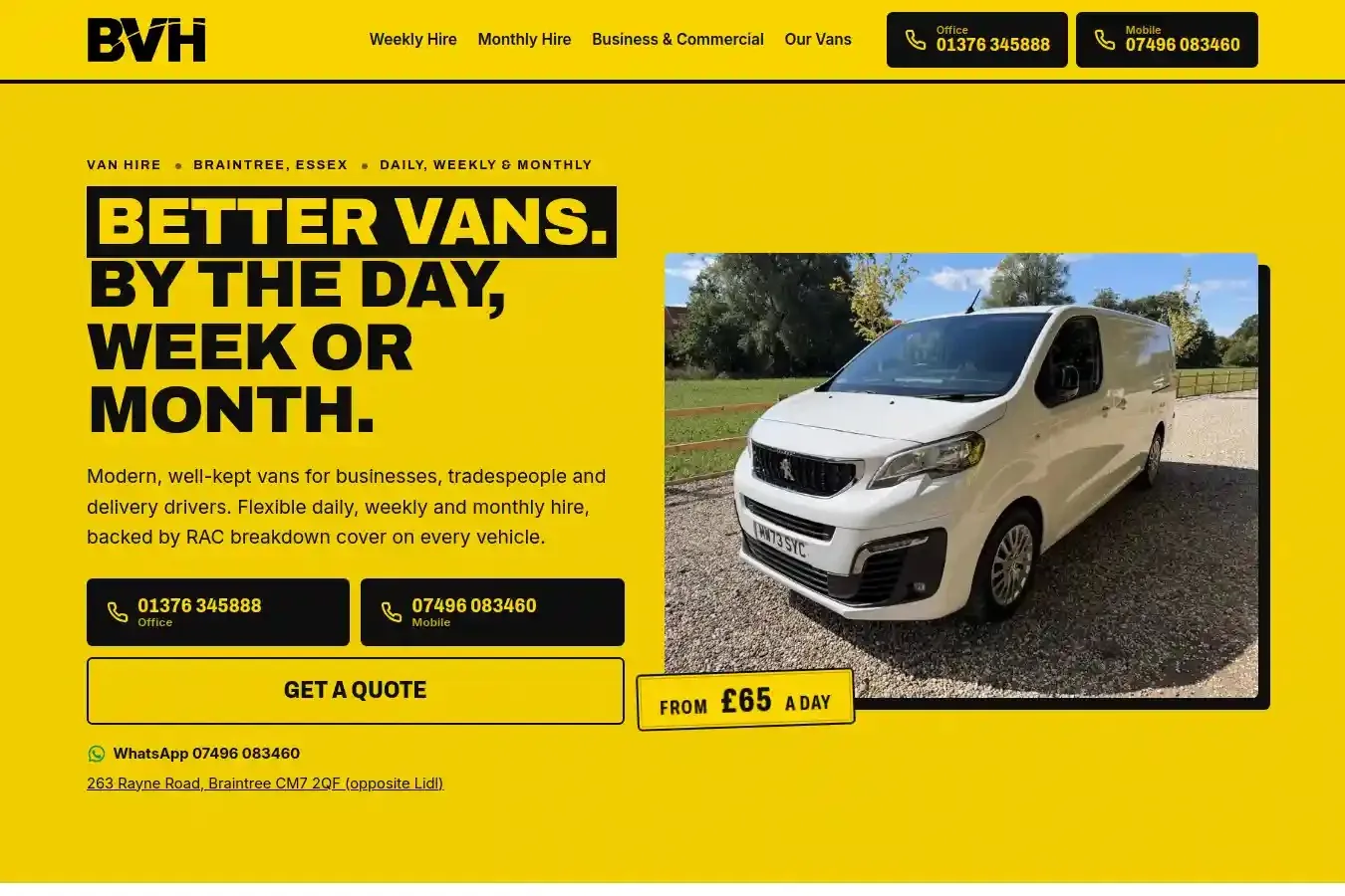 The new Braintree Van Hire homepage, with the BVH logo, the headline ‘Better vans. By the day, week or month.’, two phone buttons, a quote button, a ‘from £65 a day’ price and a photo of a hire van.