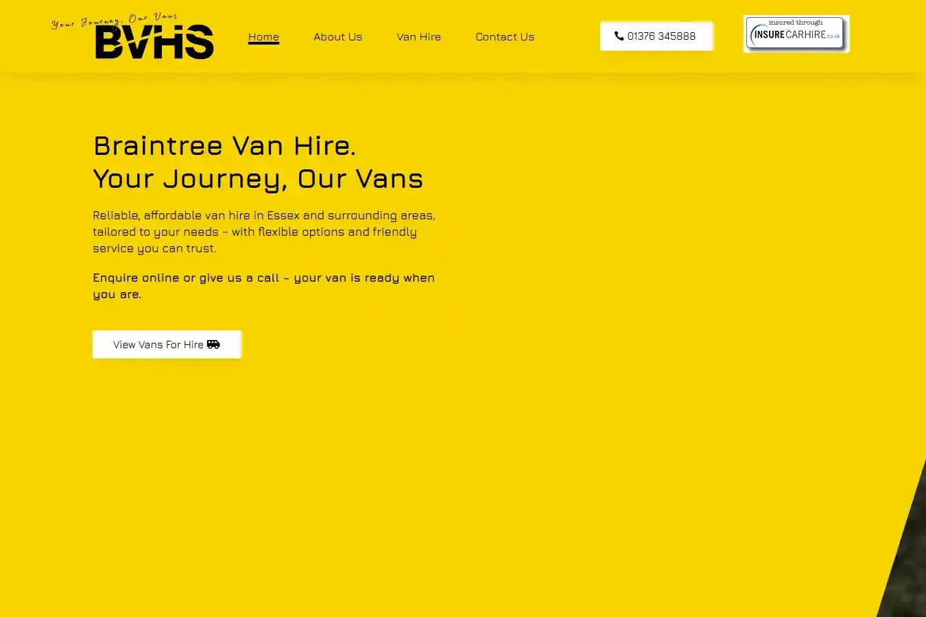 The old Braintree Van Hire & Sales homepage, with the BVHS logo, a single ‘View Vans For Hire’ button and the hero image pushed off-screen.