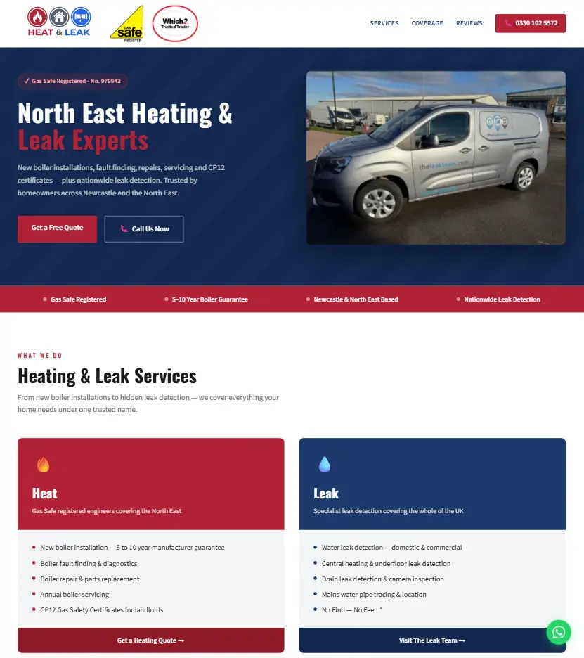 Heat & Leak website — desktop homepage