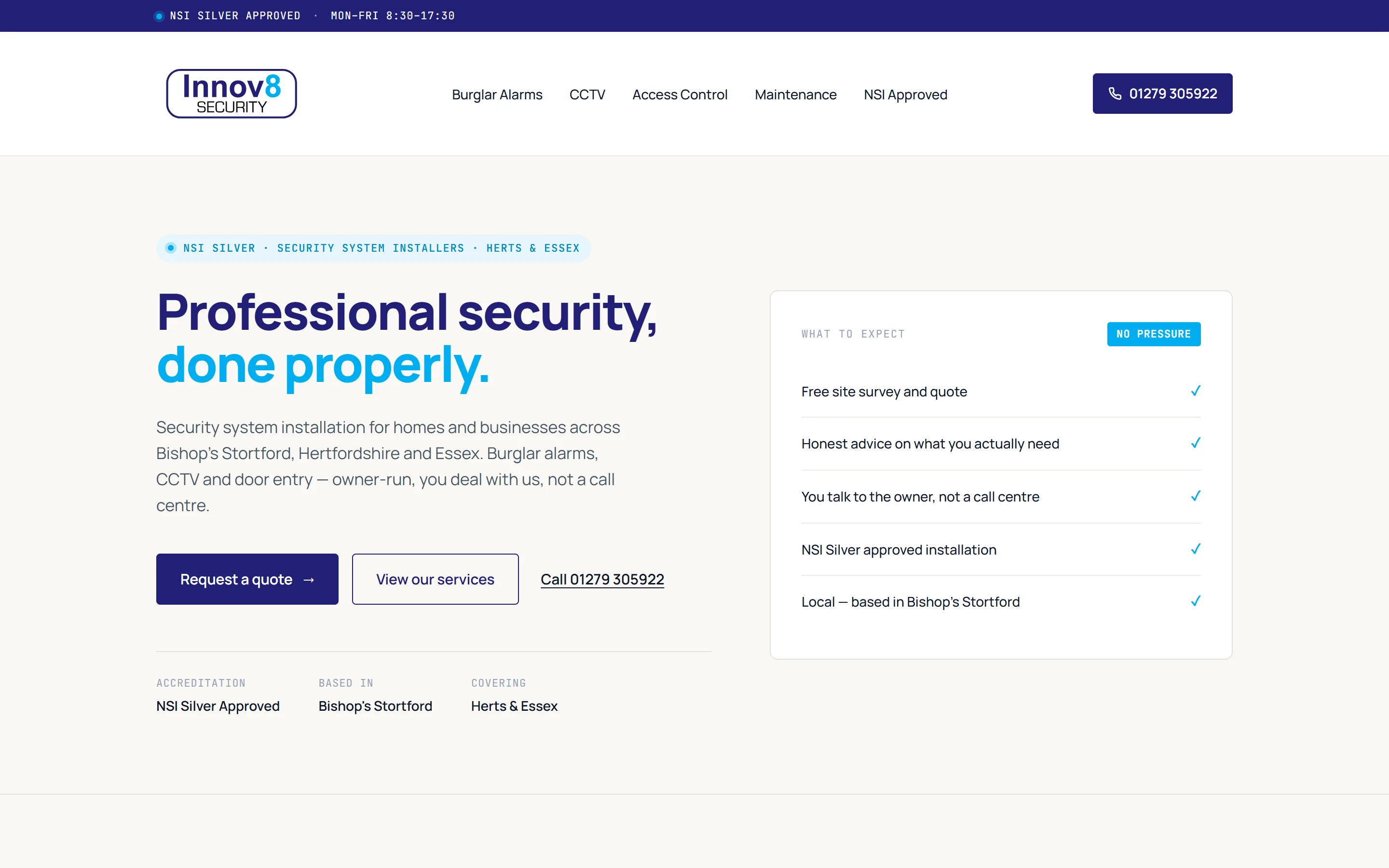 Innov8 Security website — desktop homepage after WordPress to HTML migration