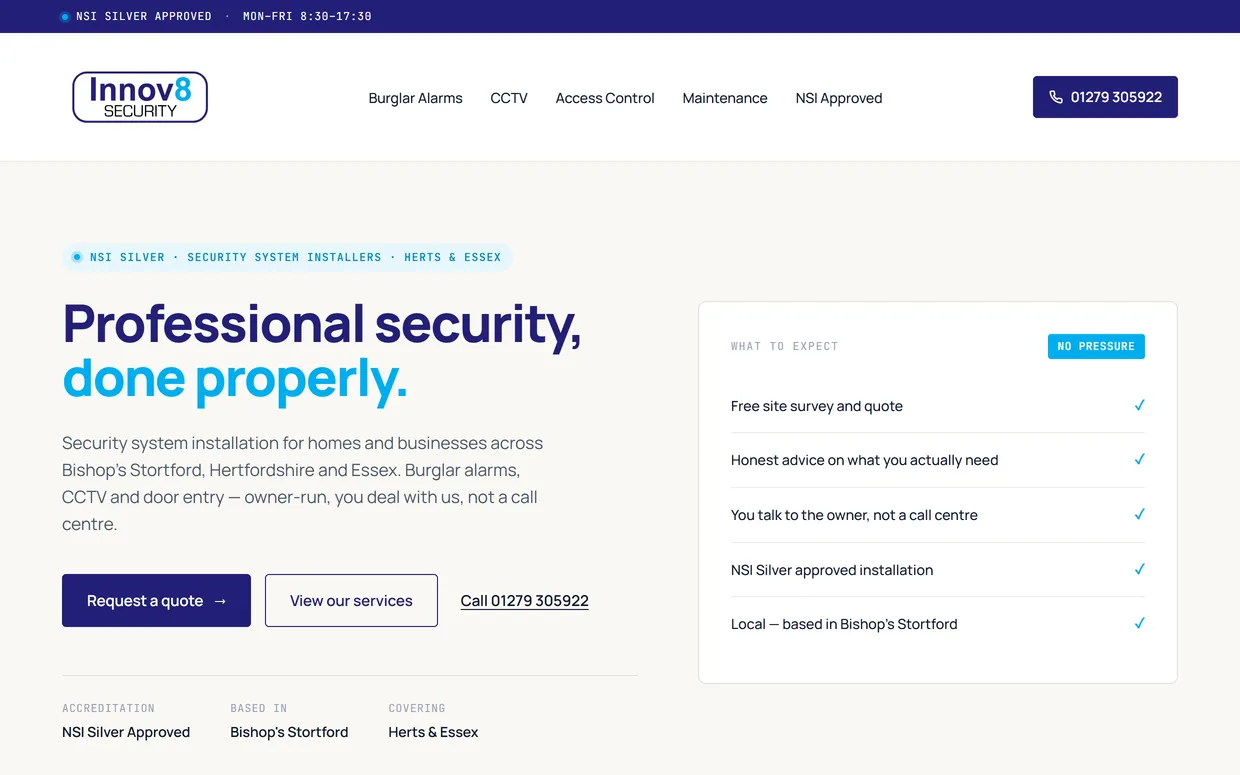 Innov8 Security website homepage