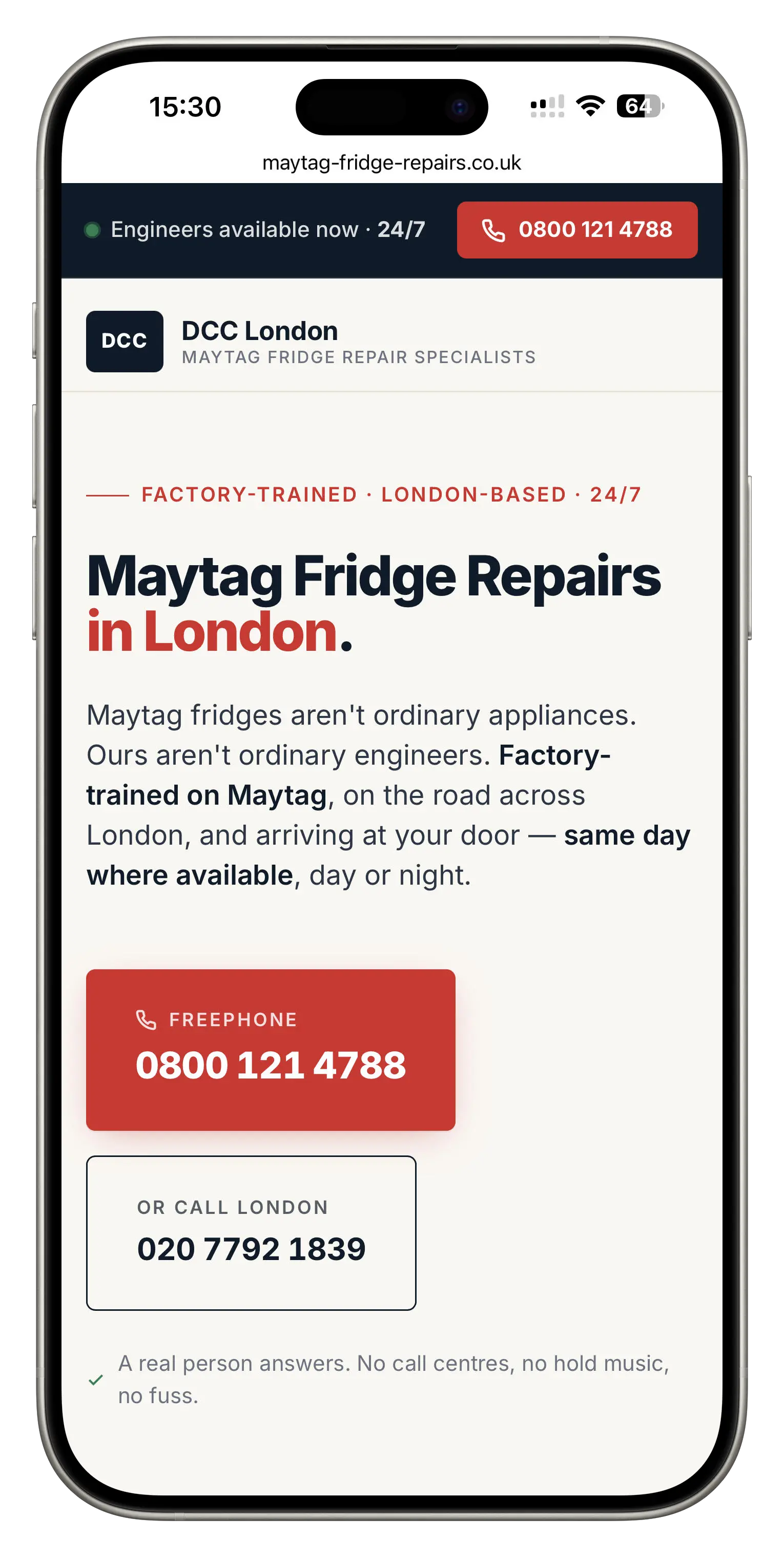 Maytag Fridge Repairs site after migration — mobile screenshot