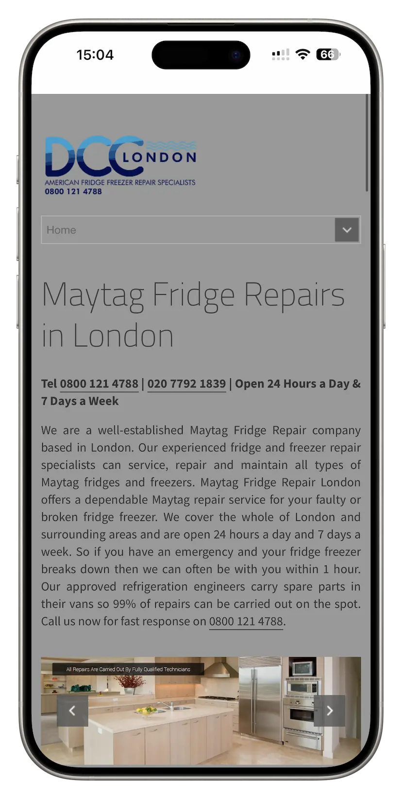 Maytag Fridge Repairs site before migration — mobile screenshot